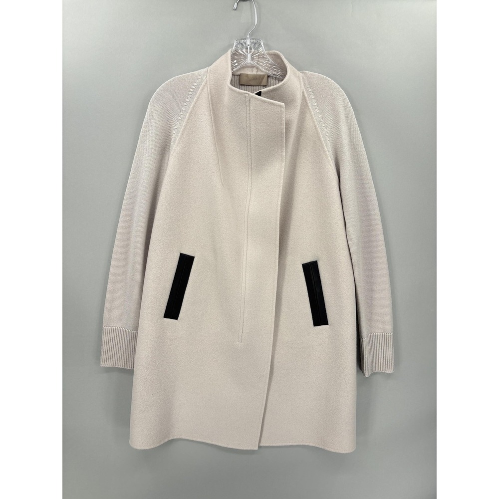 Georges Rech Coat Womens 38 Beige Wool Knit Zip Front Leather Trim Overcoat
